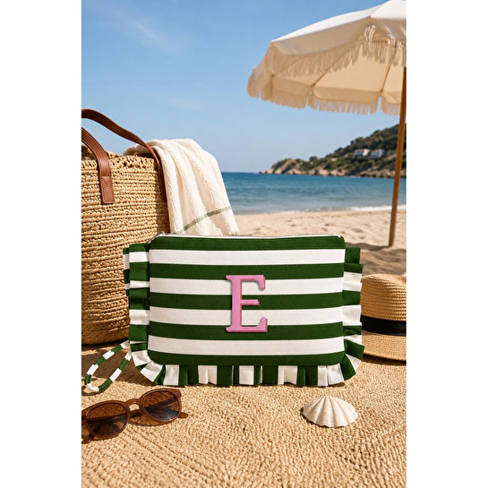 Beige & Stone Kişiye Özel Harf Detaylı Yeşil Çizgili 17x29 Cm Volanlı Clutch & Portföy Çanta Kadın El Çantası