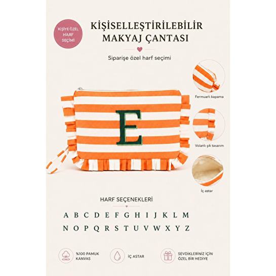 Beige & Stone Kişiye Özel Harf Detaylı Turuncu Çizgili 17x29 Cm Volanlı Clutch & Portföy Çanta Kadın El Çantası