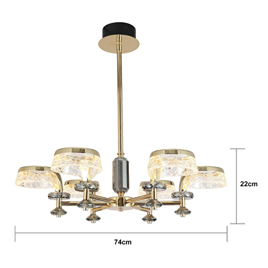 Apliqa Ekerd 6'lı Gold 50 Watt Yuvarlak Kristalli Modern Sarkıt Salon Led Avize