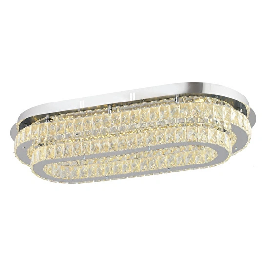 Apliqa Valeria 2 Katlı Elips Plafonyer Elips Ledli 3 Renkli Kristalli Taşlı Modern Tasarım Led Kristal Salon Avize