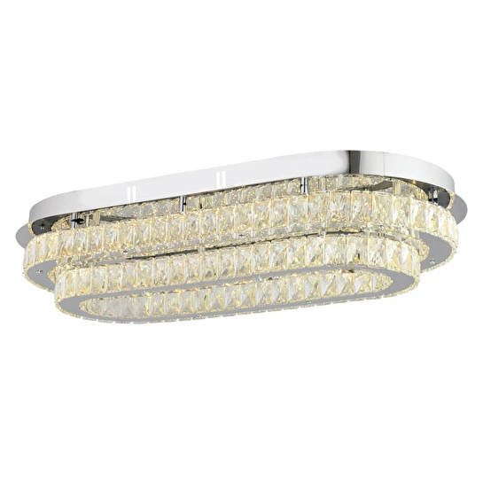 Apliqa Valeria 2 Katlı Elips Plafonyer Elips Ledli 3 Renkli Kristalli Taşlı Modern Tasarım Led Kristal Salon Avize