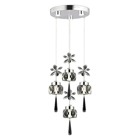 Apliqa Amaris 4'lü Yuvarlak 3 Renkli 52 Watt Krom Kelebek Led Avize Kristal Ledli Modern Oturma Odası Salon Sarkıt Avize