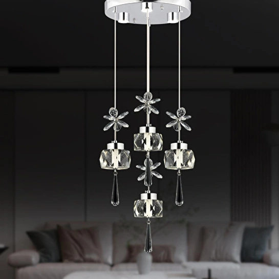 Apliqa Amaris 4'lü Yuvarlak 3 Renkli 52 Watt Krom Kelebek Led Avize Kristal Ledli Modern Oturma Odası Salon Sarkıt Avize
