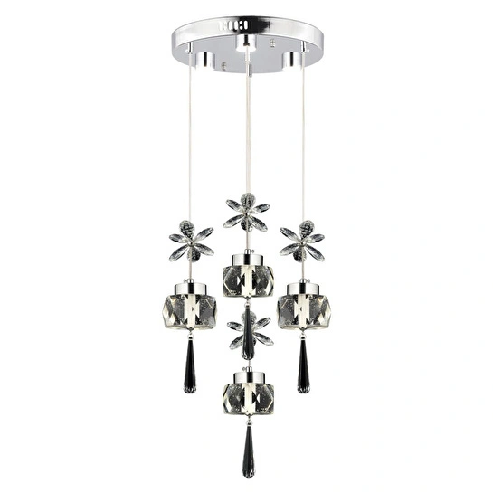Apliqa Amaris 4'lü Yuvarlak 3 Renkli 52 Watt Krom Kelebek Led Avize Kristal Ledli Modern Oturma Odası Salon Sarkıt Avize