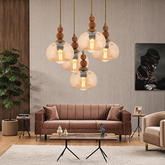 Apliqa Vinta 5'li Yuvarlak Eskitme Ahşap Detaylı Bohem Salon Sarkıt Avize