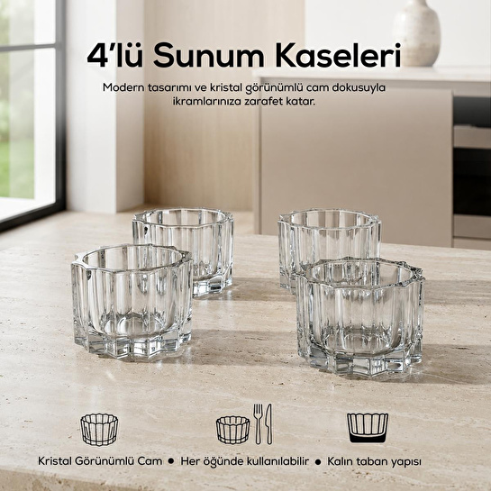 Vienev 4'lü Cam Sunum Kasesi, Magnolya Ve Tatlı Kasesi, Cam Çerezlik ,dondurma Kasesi-200cc