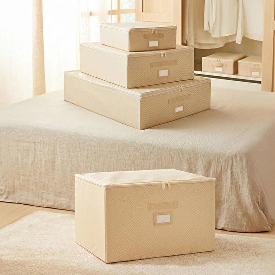 Ocean Home Textile 4'lü Bej Balıksırtı Destekli Kutu Hurç Set 31 X 38 X 12 + 45 X 55 X 18 + 55 X 70 X 18 + 48 X 40 X 30 Cm