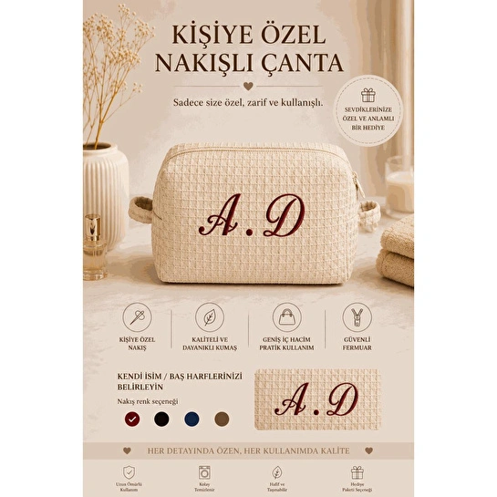Beige & Stone Krem Kişiye Özel Harf Nakışlı Pamuklu Hediyelik Kadın Makyaj Kozmetik Ve Seyahat Çantası