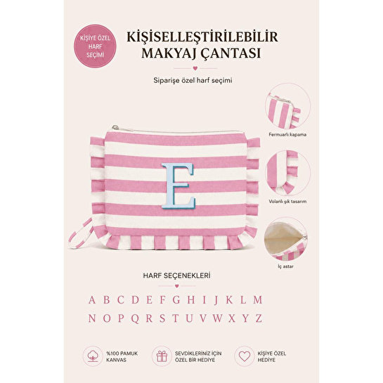 Beige & Stone Kişiye Özel Harf Detaylı Pembe Çizgili 17x29 Cm Volanlı Clutch & Portföy Çanta Kadın El Çantası