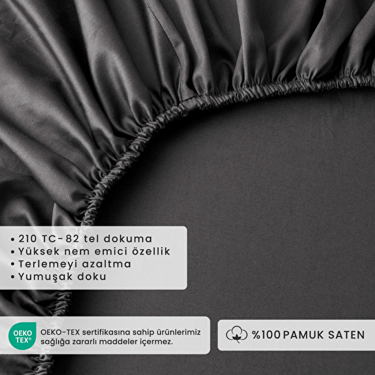 Bella Maison %100 Pamuk Saten Supreme Çift Kişilik Lastikli Çarşaf Antrasit (160x200x35 Cm) Antrasit