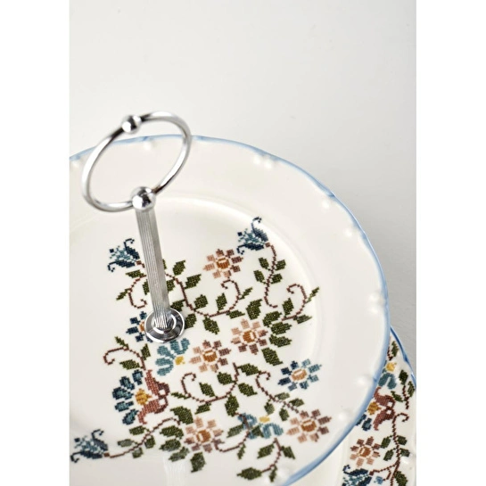 Bella Maison Vintage 2 Katlı Porselen Kurabiyelik Mavi (25x25 Cm) Mavi