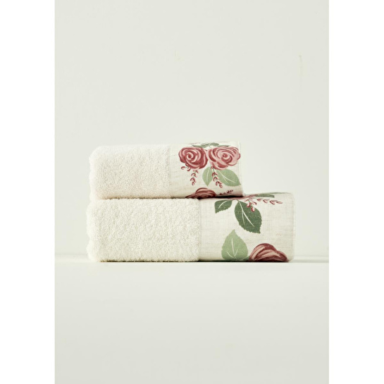Bella Maison %100 Pamuk Rose Baskılı Yüz Havlusu Krem (50x90 Cm) Krem
