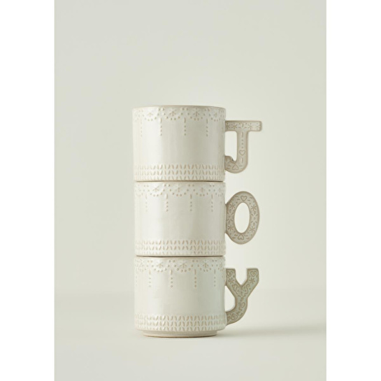 Bella Maison Joy Stoneware Yılbaşı 3'lü Kupa Seti Krem (390 Cc) Krem