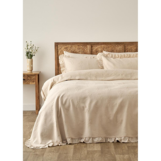 Bella Maison %100 Pamuk Daisy Jakarlı Çift Kişilik Yatak Örtüsü Seti Bej (240x260 Cm) Bej