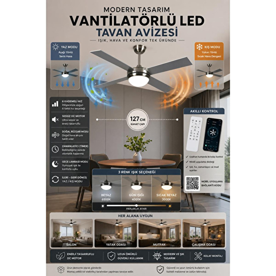 Apliqa Ellis 4'lü Modern Tasarım Tavan Vantilatörü Led Avize Kumandalı Mobil Uygulamalı 3 Renk Aydınlatma Sessiz Dc Motor