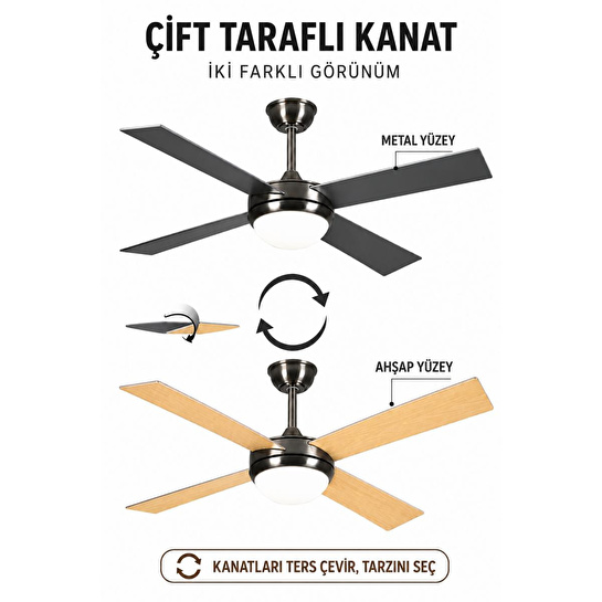 Apliqa Ellis 4'lü Modern Tasarım Tavan Vantilatörü Led Avize Kumandalı Mobil Uygulamalı 3 Renk Aydınlatma Sessiz Dc Motor