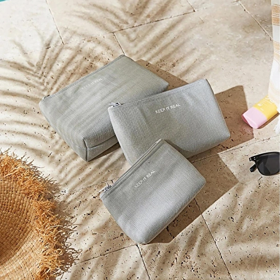 Ocean Home Textile 3'lü Termal Astarlı Su İtici Leke Tutmaz Gri Renk Jüt Keten Makyaj İlaç Çantası Seti 15 X 11 X 6 / 19 X 13 X 7
