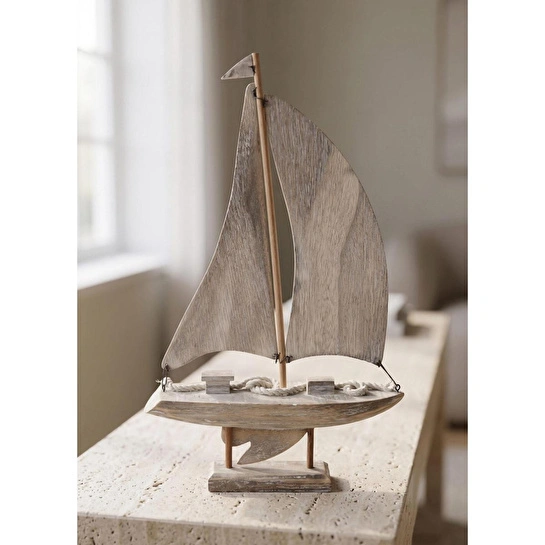 The Mia Retro Marin Ahşap Yelkenli Tekne Biblo 43 Cm