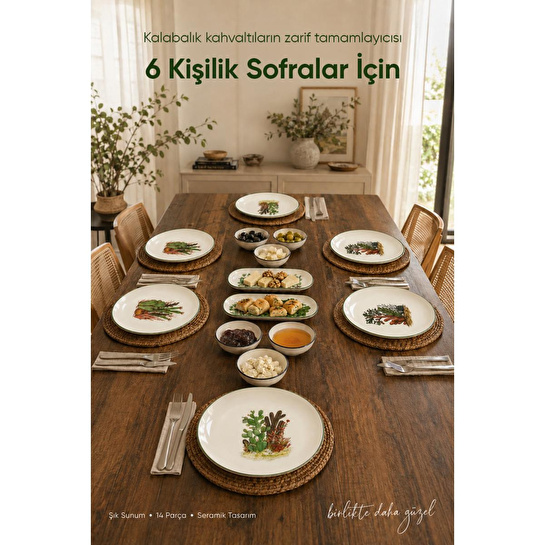 Vienev Kaktüs Desenli 14 Parça 6 Kişilik Seramik Kahvaltı Takımı Servis Sunum Tabaklı Dekoratif Sofra Seti