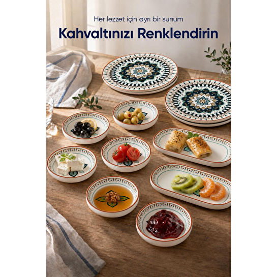 Vienev Safir Desenli 14 Parça 6 Kişilik Seramik Kahvaltı Takımı Servis Sunum Tabaklı Dekoratif Sofra Seti