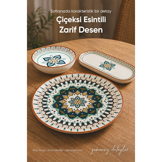 Vienev Safir Desenli 14 Parça 6 Kişilik Seramik Kahvaltı Takımı Servis Sunum Tabaklı Dekoratif Sofra Seti