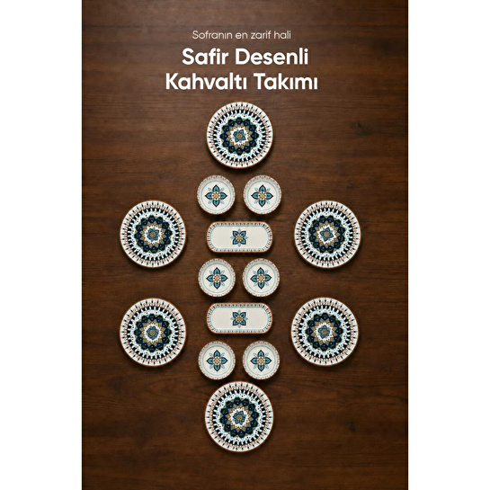 Vienev Safir Desenli 14 Parça 6 Kişilik Seramik Kahvaltı Takımı Servis Sunum Tabaklı Dekoratif Sofra Seti