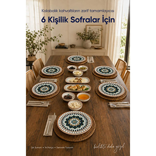 Vienev Safir Desenli 14 Parça 6 Kişilik Seramik Kahvaltı Takımı Servis Sunum Tabaklı Dekoratif Sofra Seti