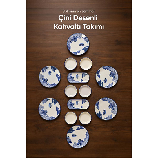 Vienev Mavi Çini Desenli 14 Parça 6 Kişilik Seramik Kahvaltı Takımı Servis Sunum Tabaklı Dekoratif Sofra Seti