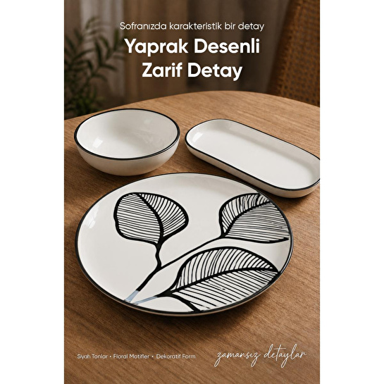 Vienev Siyah Yaprak Desenli 14 Parça 6 Kişilik Seramik Kahvaltı Takımı Servis Sunum Tabaklı Dekoratif Sofra Seti