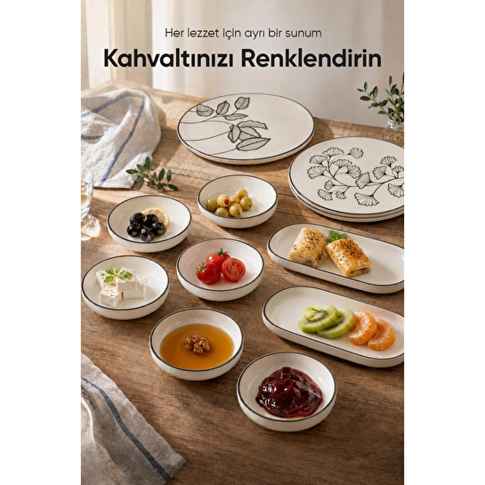 Vienev Siyah Yaprak Desenli 14 Parça 6 Kişilik Seramik Kahvaltı Takımı Servis Sunum Tabaklı Dekoratif Sofra Seti
