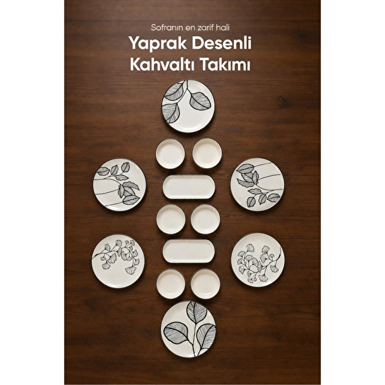 Vienev Siyah Yaprak Desenli 14 Parça 6 Kişilik Seramik Kahvaltı Takımı Servis Sunum Tabaklı Dekoratif Sofra Seti