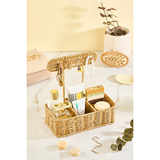 Lora Bianca Rattan Görünümlü Askılı 3 Bölmeli Çok Amaçlı Takı Ve Kozmetik Organizer