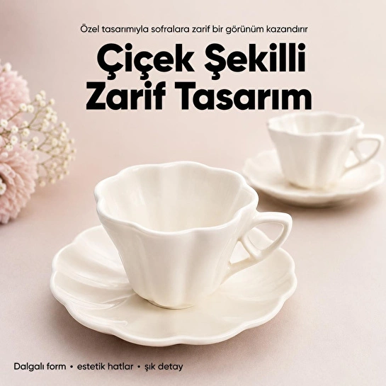 Vienev 2'li Çiçek Şekilli Seramik Çay Fincanı Seti 150 Cc Beyaz