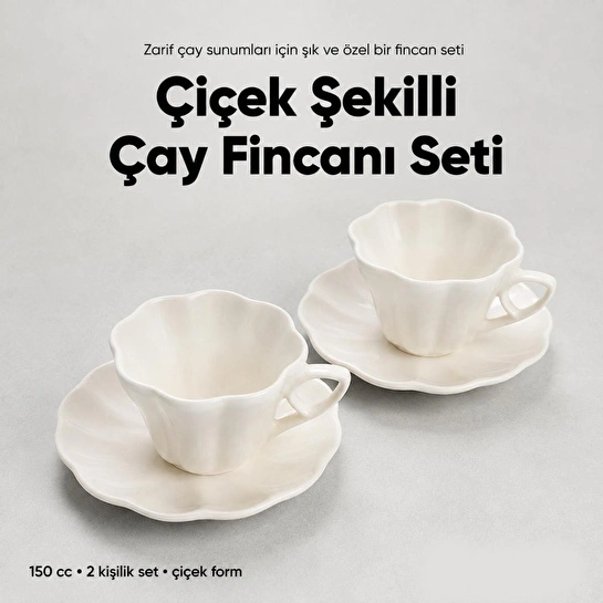 Vienev 2'li Çiçek Şekilli Seramik Çay Fincanı Seti 150 Cc Beyaz