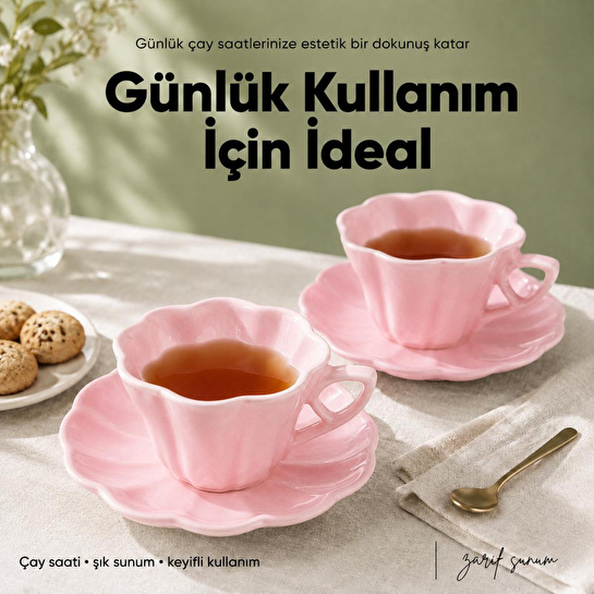 Vienev 2'li Çiçek Şekilli Seramik Çay Fincanı Seti 150 Cc Pembe