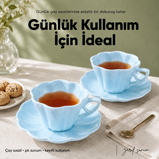 Vienev 2'li Çiçek Şekilli Seramik Çay Fincanı Seti 150 Cc Mavi