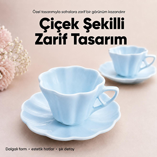 Vienev 2'li Çiçek Şekilli Seramik Çay Fincanı Seti 150 Cc Mavi