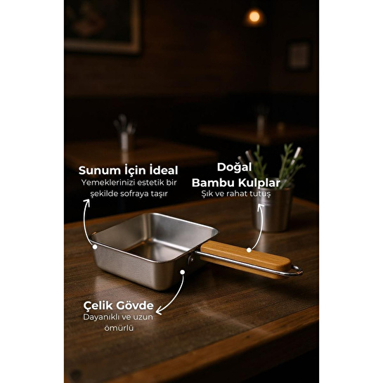 Bambum Cesta Bambu Saplı Çelik Sunum Tavası Kare Küçük