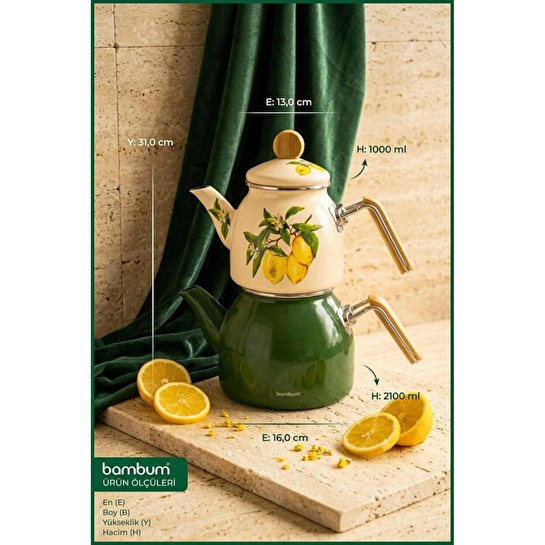 Bambum Unique - Bambu Kulplu Emaye Çaydanlık Takımı Limon