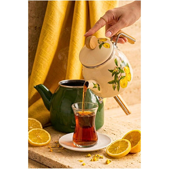Bambum Unique - Bambu Kulplu Emaye Çaydanlık Takımı Limon