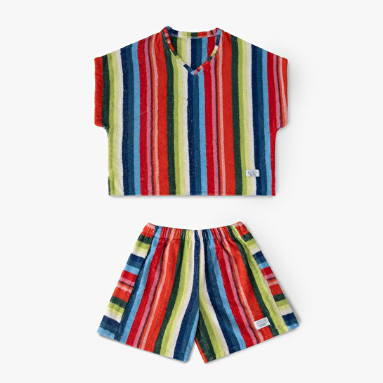 Green Black Stripe Red Kadın Havlu Şortlu Takım %100 Pamuk Renkli Standart
