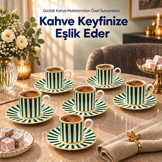 Vienev 6 Kişilik Yeşil Çizgili Porselen Kahve Fincanı Takımı 12 Parça Altın Yaldız Detaylı Şık Sunum Seti