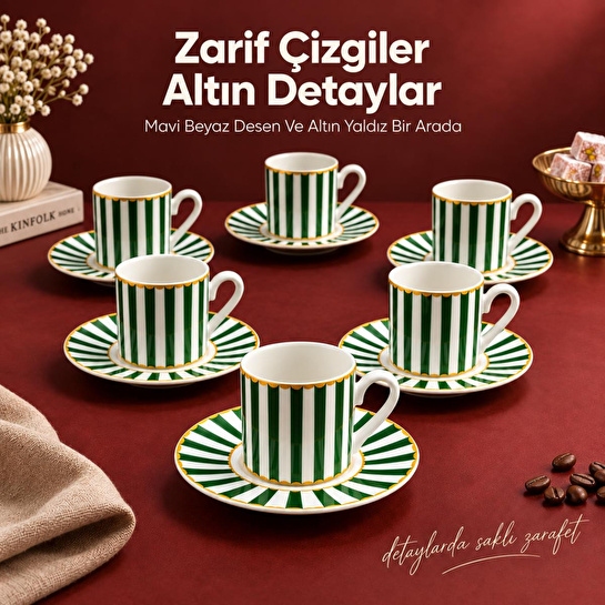 Vienev 6 Kişilik Yeşil Çizgili Porselen Kahve Fincanı Takımı 12 Parça Altın Yaldız Detaylı Şık Sunum Seti