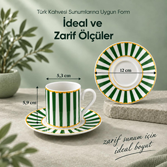 Vienev 6 Kişilik Yeşil Çizgili Porselen Kahve Fincanı Takımı 12 Parça Altın Yaldız Detaylı Şık Sunum Seti