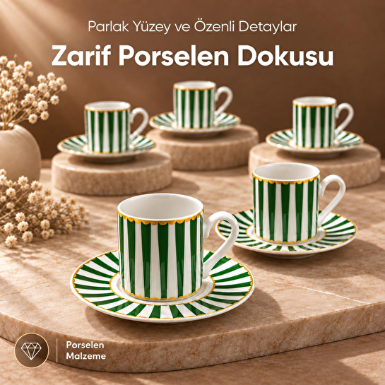 Vienev 6 Kişilik Yeşil Çizgili Porselen Kahve Fincanı Takımı 12 Parça Altın Yaldız Detaylı Şık Sunum Seti