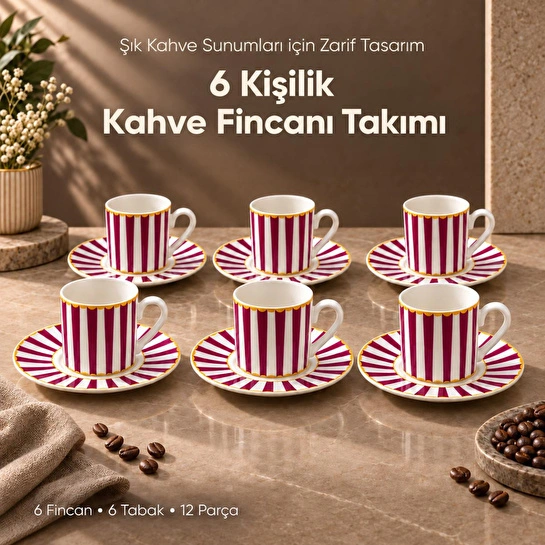 Vienev 6 Kişilik Pembe Çizgili Porselen Kahve Fincanı Takımı 12 Parça Altın Yaldız Detaylı Şık Sunum Seti