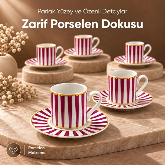 Vienev 6 Kişilik Pembe Çizgili Porselen Kahve Fincanı Takımı 12 Parça Altın Yaldız Detaylı Şık Sunum Seti