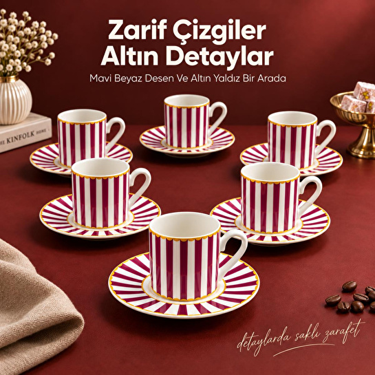 Vienev 6 Kişilik Pembe Çizgili Porselen Kahve Fincanı Takımı 12 Parça Altın Yaldız Detaylı Şık Sunum Seti