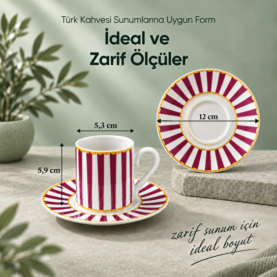 Vienev 6 Kişilik Pembe Çizgili Porselen Kahve Fincanı Takımı 12 Parça Altın Yaldız Detaylı Şık Sunum Seti