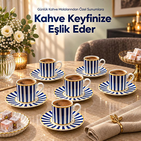 Vienev 6 Kişilik Mavi Çizgili Porselen Kahve Fincanı Takımı 12 Parça Altın Yaldız Detaylı Şık Sunum Seti